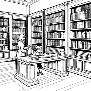 Engagierte Bibliothekarin hilft bei spannenden Recherchen Ausmalmotiv für neugierige junge Forscher