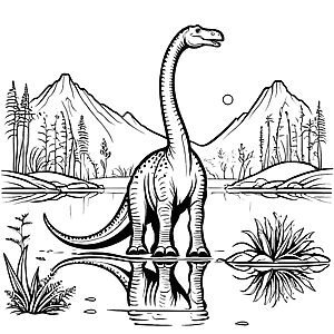 Majestätischer Brachiosaurus am Ufer des Sees Malvorlage für kleine Entdecker