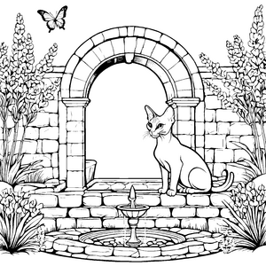 Sphynx Katze am sprudelnden Brunnen Ausmalvorlage für fantasievolle Katzenfreunde