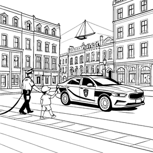 Spannendes Polizeiauto mit freundlichem Officer Ausmalbild für mutige Kleineinsatzkräfte