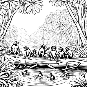 Verspielte Bonobos beim Planschen im Wasser Ausmalmotiv für kleine Naturforscher