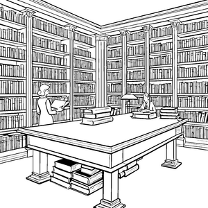 Faszinierende Bibliothek mit eifrigen Lesern Ausmalvorlage für wissbegierige Entdecker