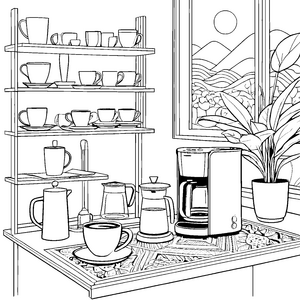 Kreative Kaffeemaschine in stilvollem Küchenambiente Ausmalmotiv für begeisterte Kaffeeliebhaber
