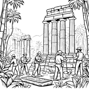 Archäologen bei der Entdeckung antiker Tempel Ausmalvorlage für kleine Geschichtsforscher