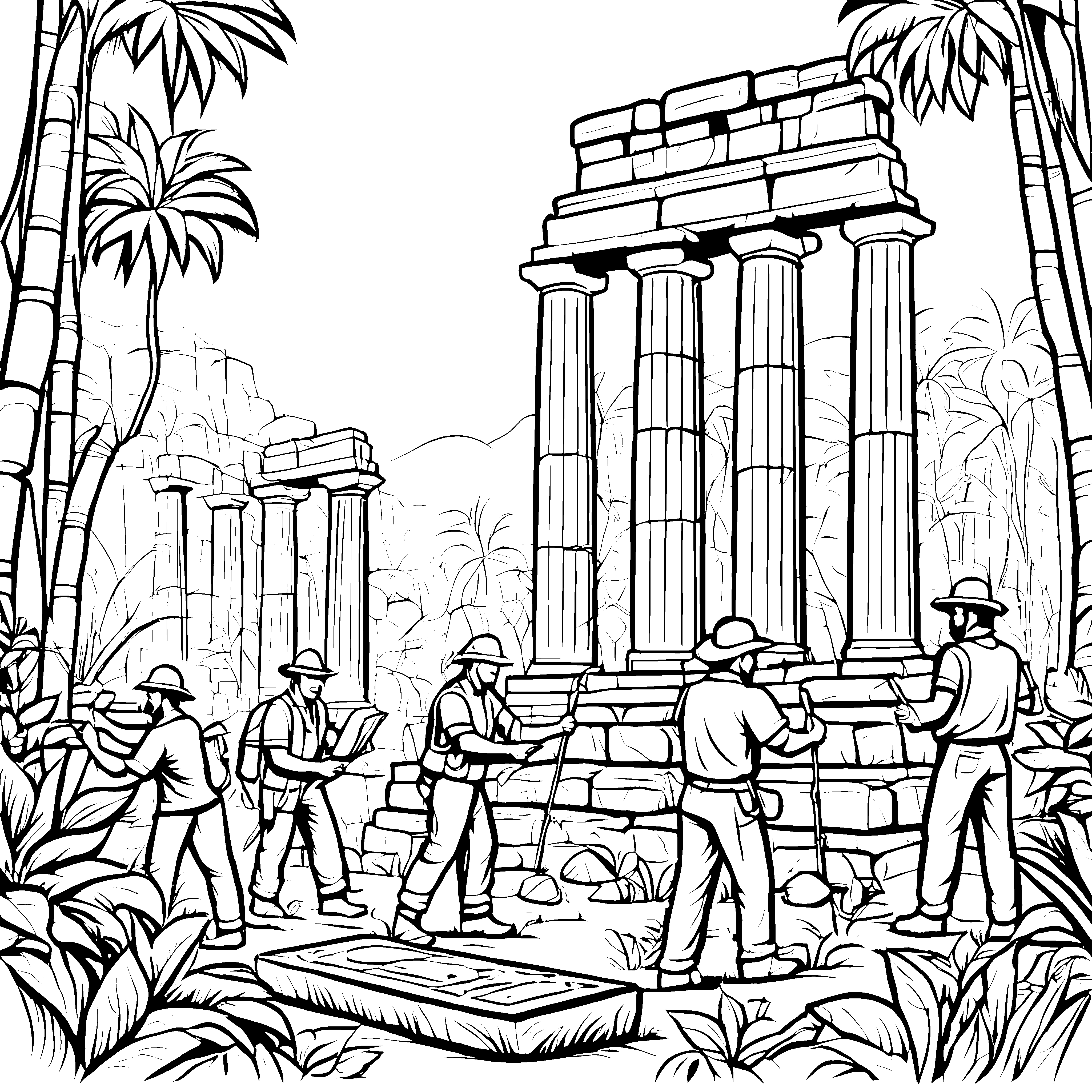 Archäologen bei der Entdeckung antiker Tempel Ausmalvorlage für kleine Geschichtsforscher