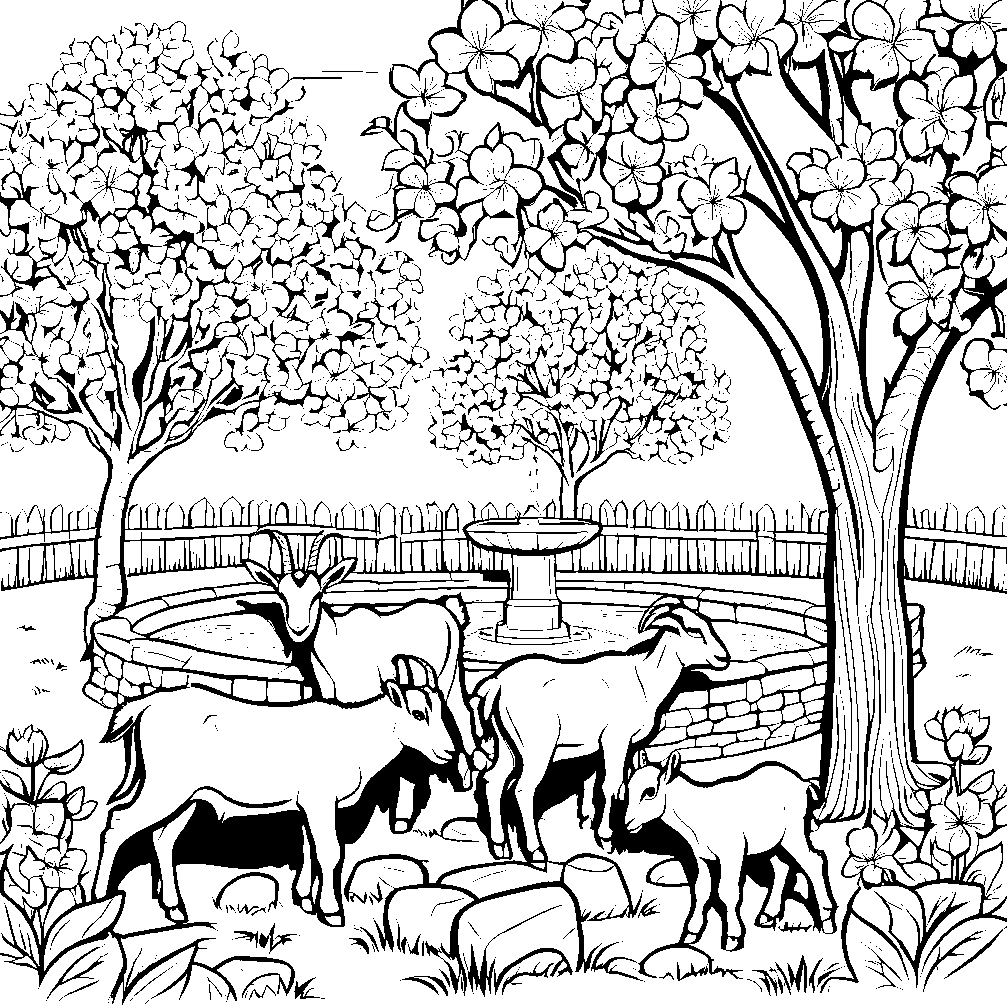 Zwei neugierige Ziegen am sprudelnden Brunnen Ausmalvorlage für kleine Farmbesucher