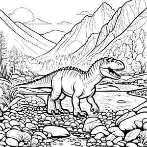 Majestätischer Tyrannosaurus Rex am glitzernden Fluss Ausmalbild für neugierige Dino-Fans
