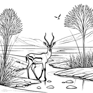 Elegante Gazelle am glitzernden Wasser Ausmalbild für abenteuerliche Naturentdecker