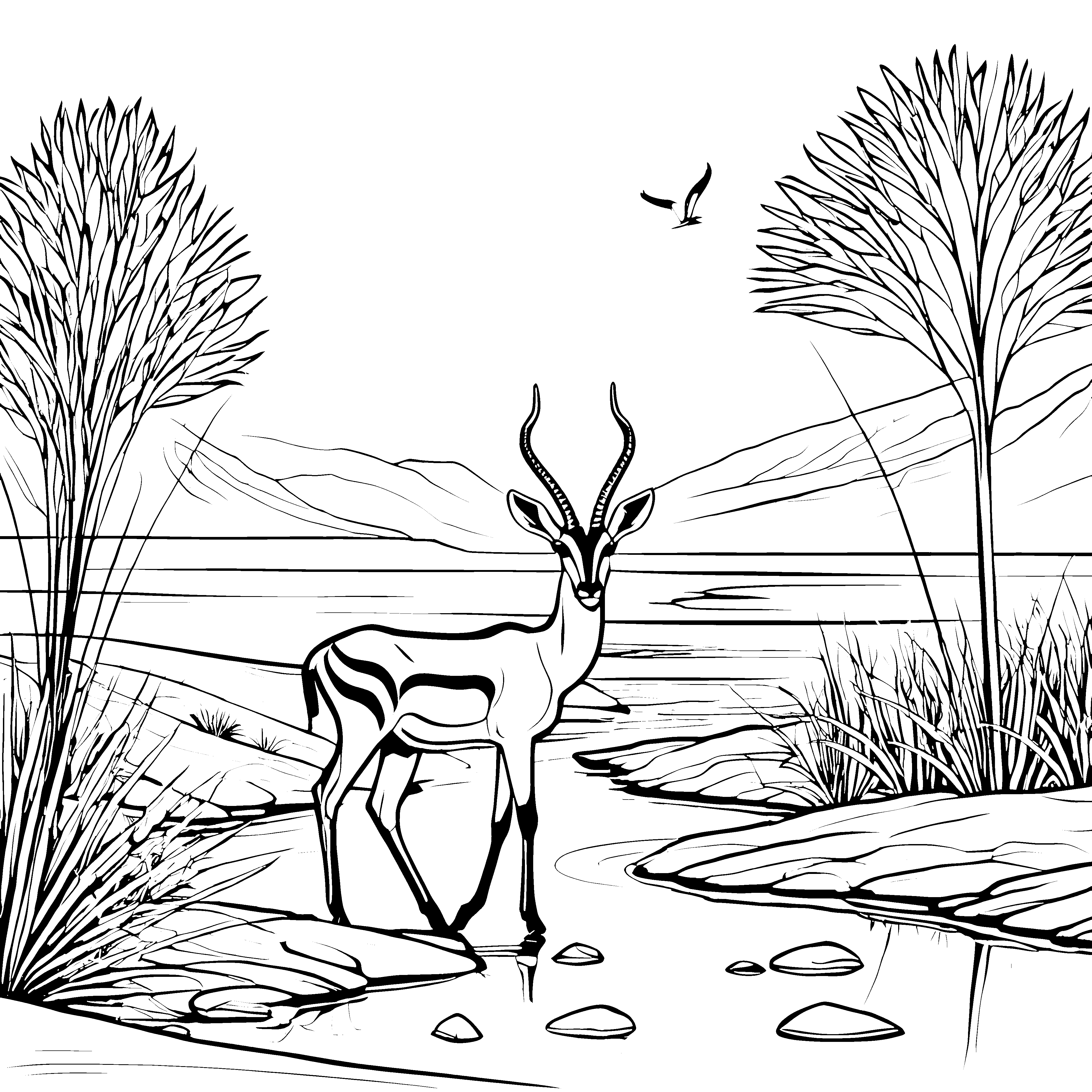 Elegante Gazelle am glitzernden Wasser Ausmalbild für abenteuerliche Naturentdecker