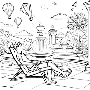 Entspannender Relaxsessel am sprudelnden Brunnen Ausmalbild für fantasievolle Wohlfühlkünstler