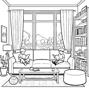 Bezauberndes Dreisitzer-Sofa mit zwei lesenden Kindern Ausmalbild für kleine Entdecker