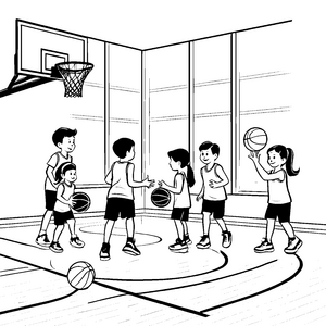 Dynamische Basketballspieler beim Formen von Teamgeist Ausmalvorlage für kleine Sportenthusiasten