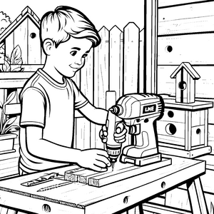 Schlaue Kids beim kreativen Werkzeugbau Ausmalvorlage für junge Bastelfreunde