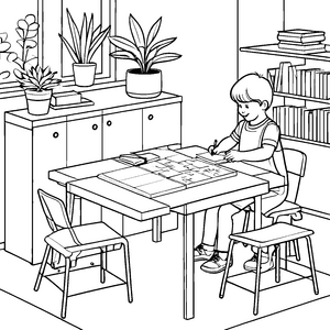 Kreativer Basteltisch mit spannenden Puzzles Ausmalbild für junge Entdecker