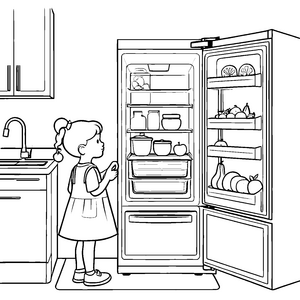 Neugierige Entdeckerin vor buntem Kühlschrank Ausmalvorlage für kleine Küchenchefs