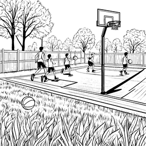 Dynamische Basketballspieler auf dem Spielfeld Malvorlage für mutige Sportler