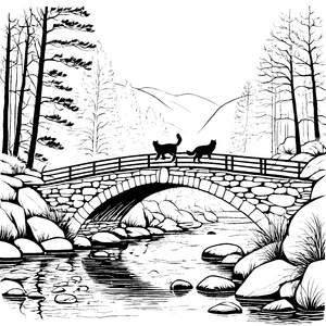 Verspielte norwegische Waldkatzen auf malerischer Brücke Ausmalvorlage für abenteuerlustige Künstler