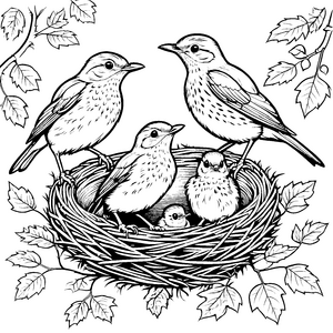Fröhliche Vogelbabys in gemütlichem Nest Ausmalbild für tierliebe Entdecker