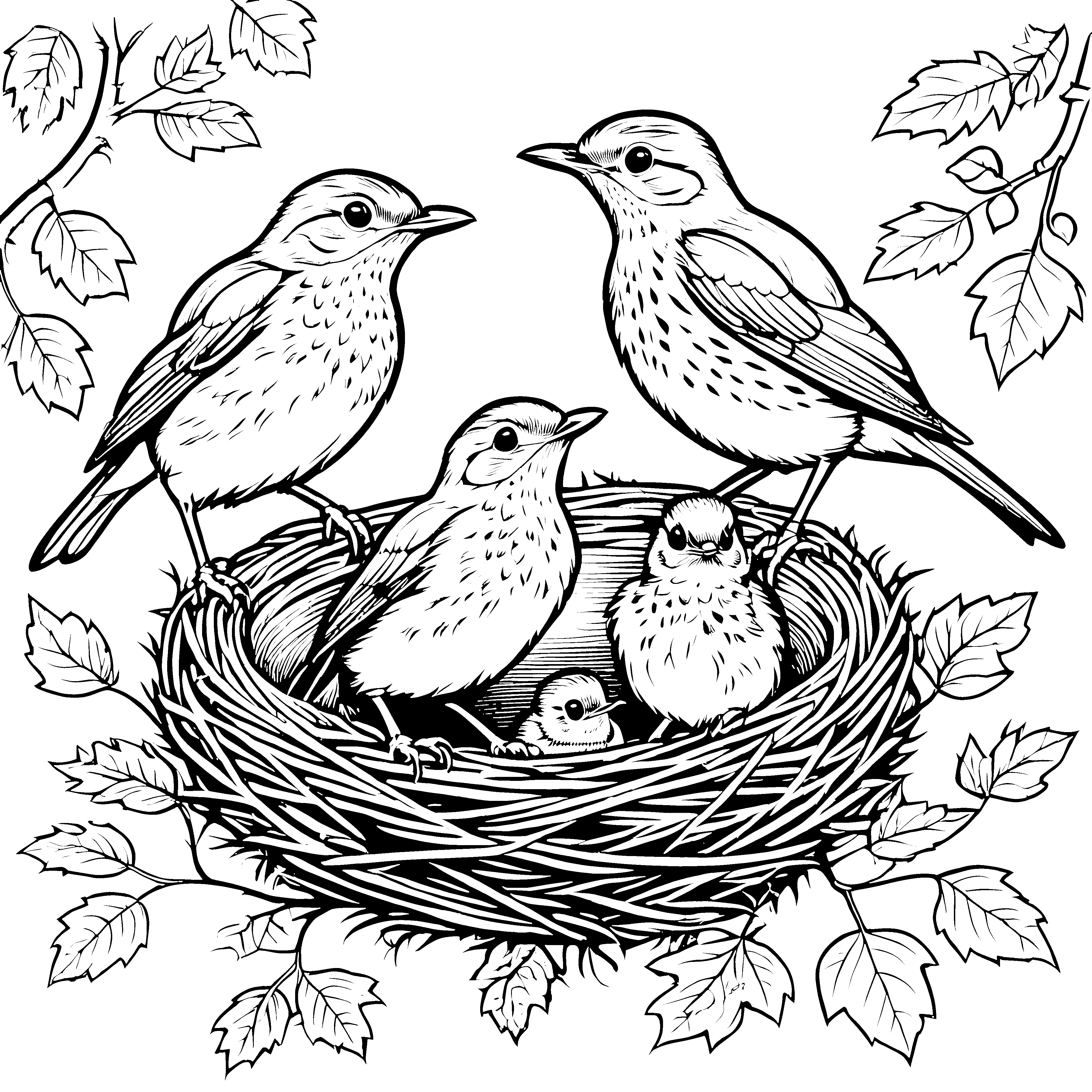Fröhliche Vogelbabys in gemütlichem Nest Ausmalbild für tierliebe Entdecker