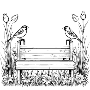 Flirtende Vögel auf liebevoller Holzbank Ausmalbild für romantische Entdecker