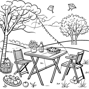 Bunter Klapptisch im sonnigen Garten Ausmalbild für fröhliche Naturfreunde
