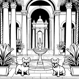 Zwei charmante Französische Bulldoggen vor dem schönen Brunnen Ausmalbild für kleine Tierfreunde