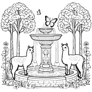 Hübsche Alpakajungtiere am sprudelnden Brunnen Ausmalvorlage für träumerische Entdecker