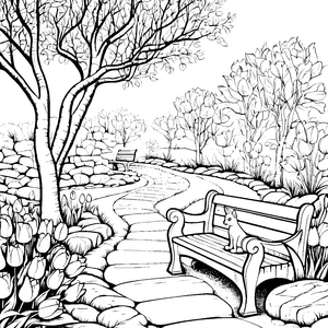 Gemütliche Gartenbank umgeben von bunten Blumen Ausmalvorlage für entspannte Naturfreunde