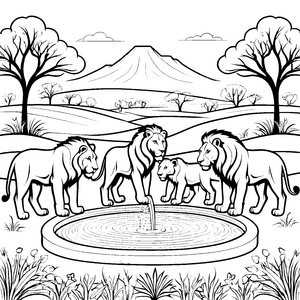 Majestätische Löwenfamilie am Wasserloch Ausmalmotiv für mutige Naturentdecker