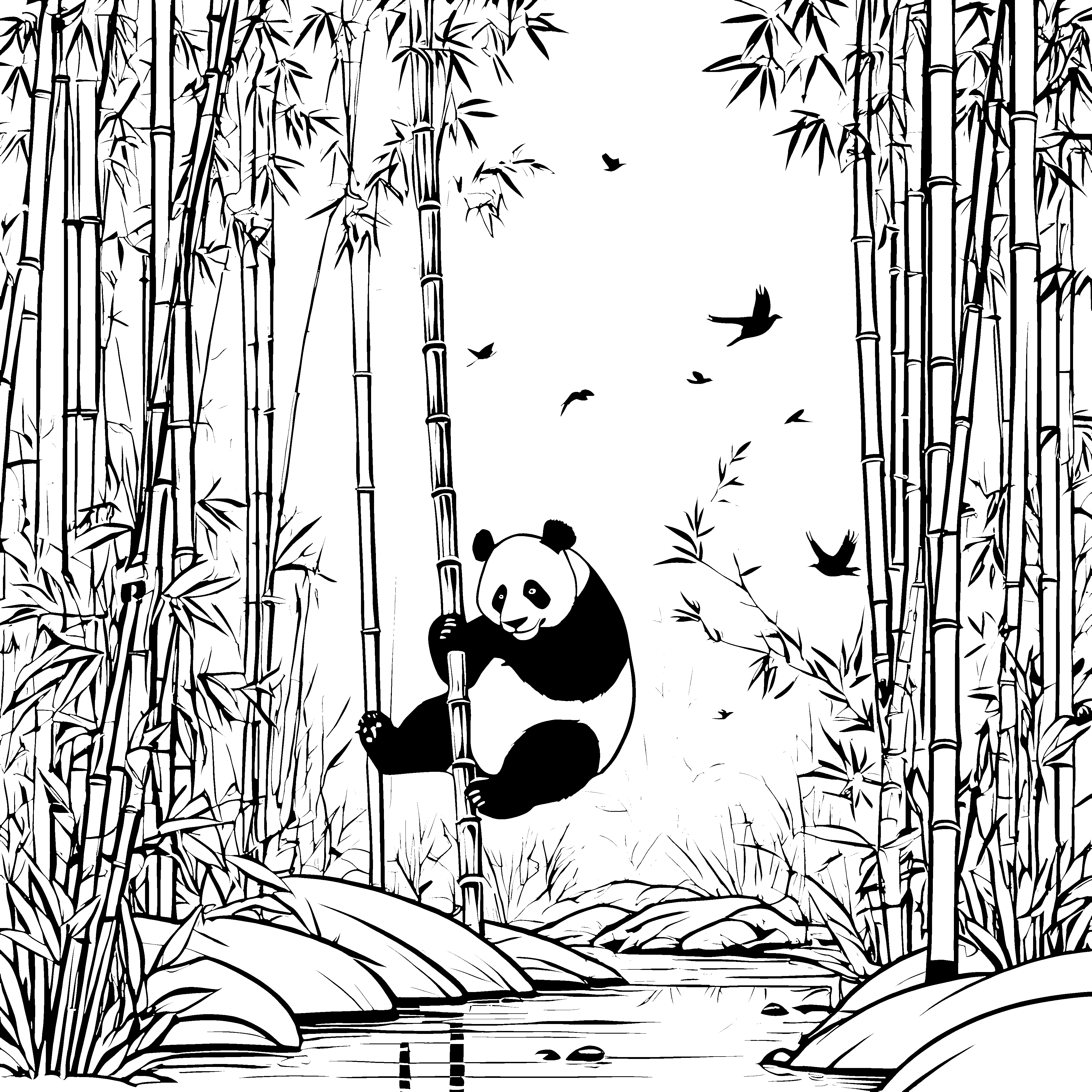 Kletternder Panda zwischen grünen Bambusstangen Ausmalbild für neugierige Naturfreunde