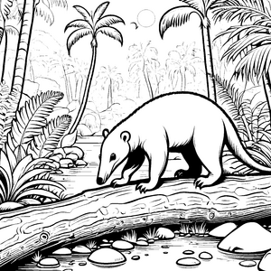 Spannender Ameisenbär beim Walzen über einen Baumstamm Ausmalbild für neugierige Entdecker