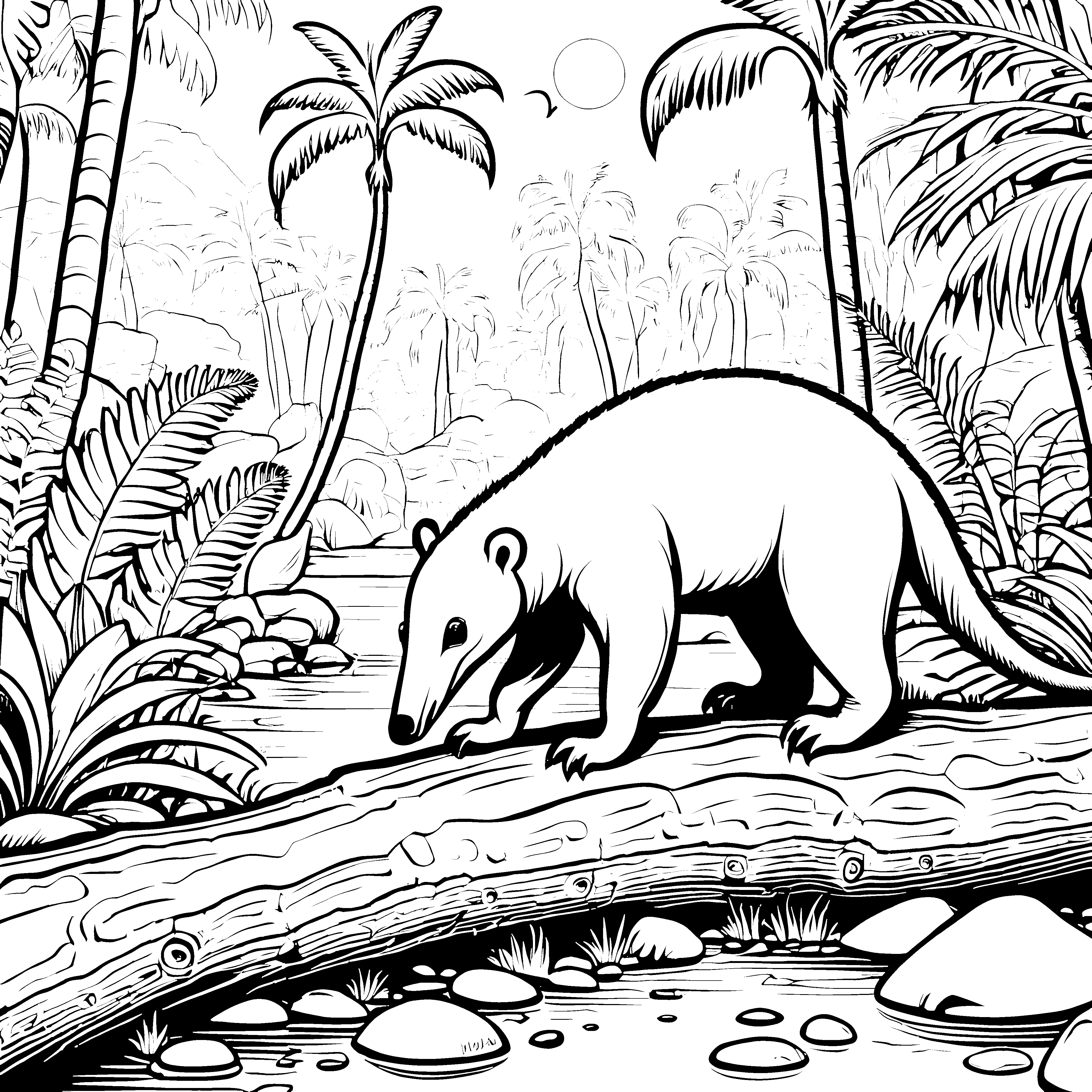 Spannender Ameisenbär beim Walzen über einen Baumstamm Ausmalbild für neugierige Entdecker