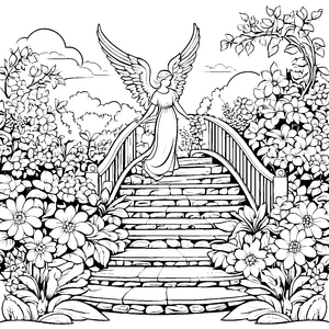 Verzaubernde Engel auf der Blumenbrücke Ausmalmotiv für kleine Fantasten