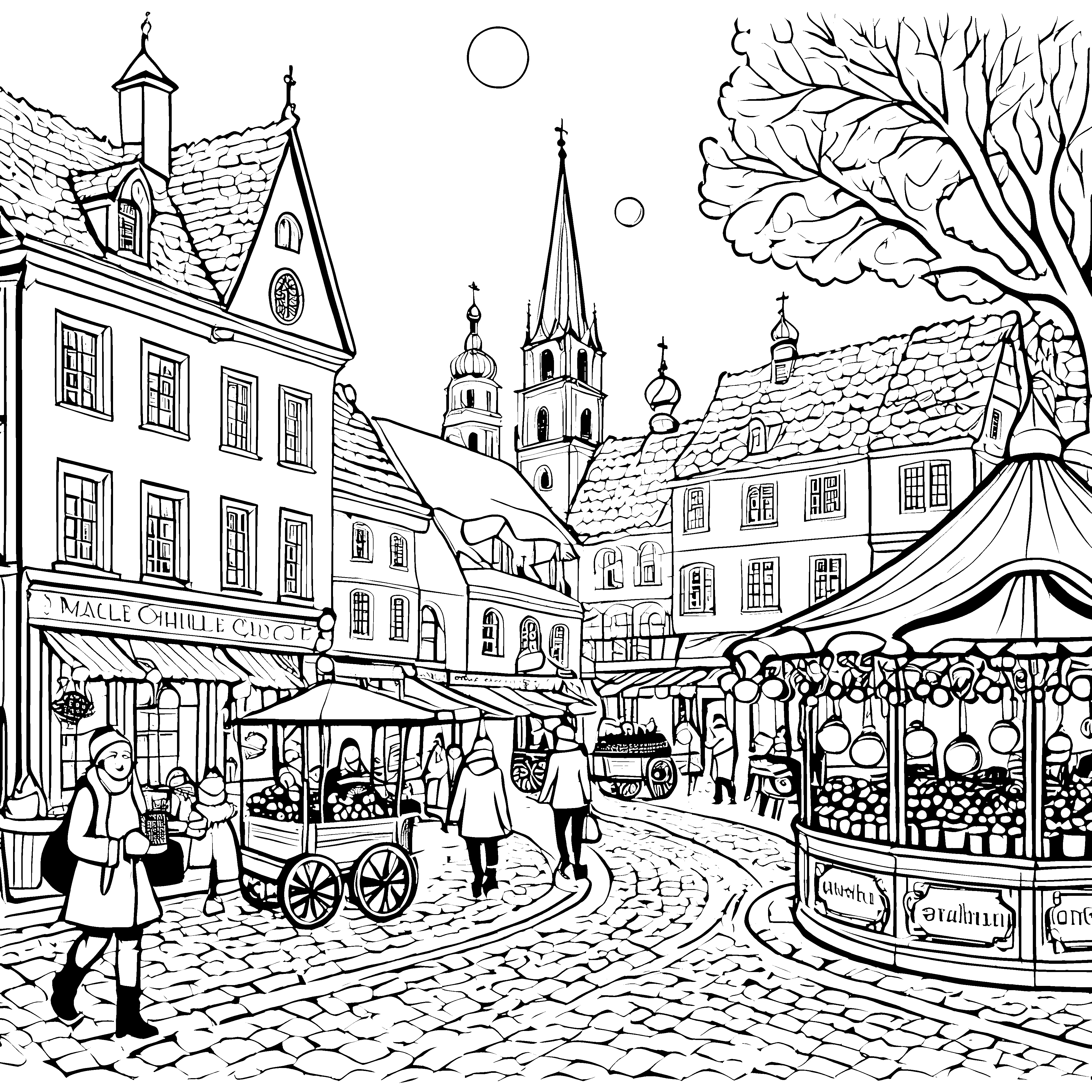 Bezaubernder Weihnachtsmarkt mit festlicher Stimmung Ausmalvorlage für neugierige Entdecker