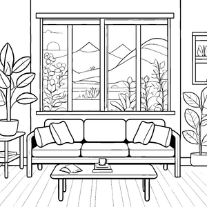 Bezauberndes Sofadesign mit Ausblick Ausmalmotiv für kreative Wohnkünstler