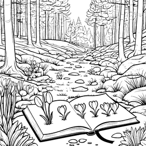 Wunderbare Krokusse im märchenhaften Wald Ausmalmotiv für neugierige Naturfreunde