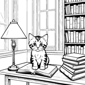 Niedliches Kätzchen auf aufgeschlagenem Buch Ausmalmotiv für kleine Entdecker