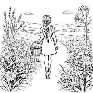 Bezauberndes Mädchen mit Blumenkorb auf dem Weg Ausmalbild für kleine Naturfreunde