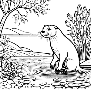 Verspielter Otter am ruhigen Teich Ausmalvorlage für neugierige Naturfreunde