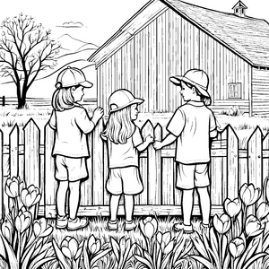 Neugierige Kinder am Zaun des Bauernhofs Ausmalbild für kleine Landentdecker