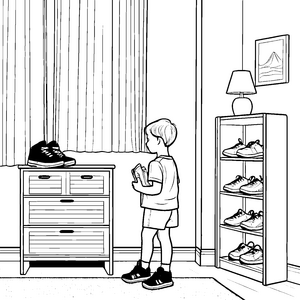 Ordentlicher Schuhschrank mit vielen bunten Sneakern Ausmalbild für kleine Raumgestalter