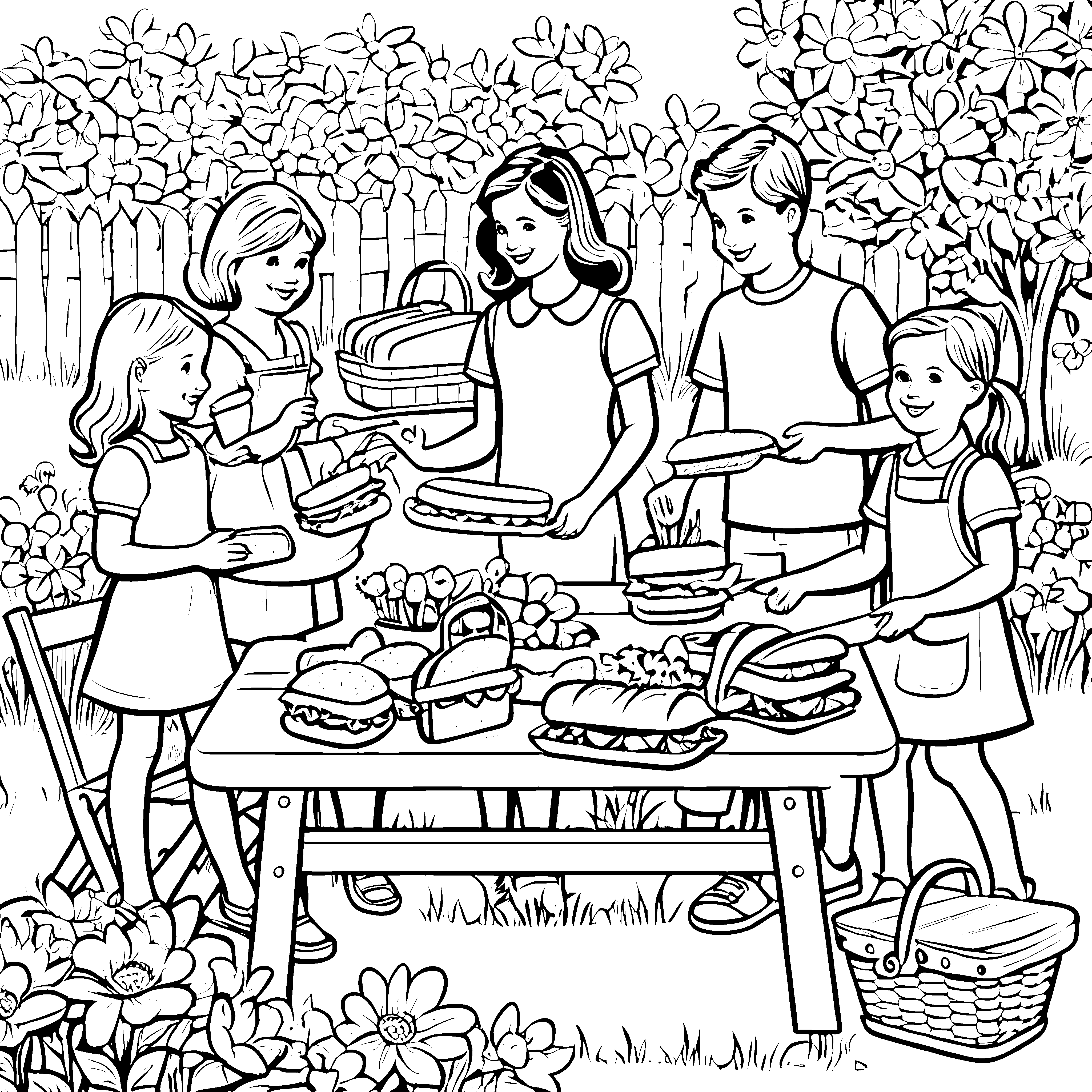 Spaßige Sandwiches auf der Gartenparty Ausmalmotiv für fröhliche Entdecker