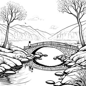 Faszinierende Brücke über dem glitzernden Fluss Ausmalvorlage für kleine Entdecker