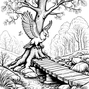 Majestätischer Greifvogel auf verwurzeltem Baum Malvorlage für abenteuerliche Naturentdecker