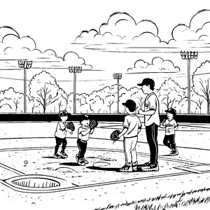 Begeisterte Kinder im Baseballtraining Ausmalbild für kleine Sportler