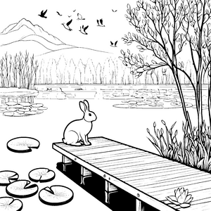 Wasserscheuer Hase auf malerischer Holzbrücke Ausmalvorlage für neugierige Entdecker