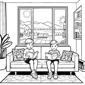 Retro-Sofa mit zwei Lesekünstlern in sonniger Atmosphäre Ausmalbild für kreative Entdecker