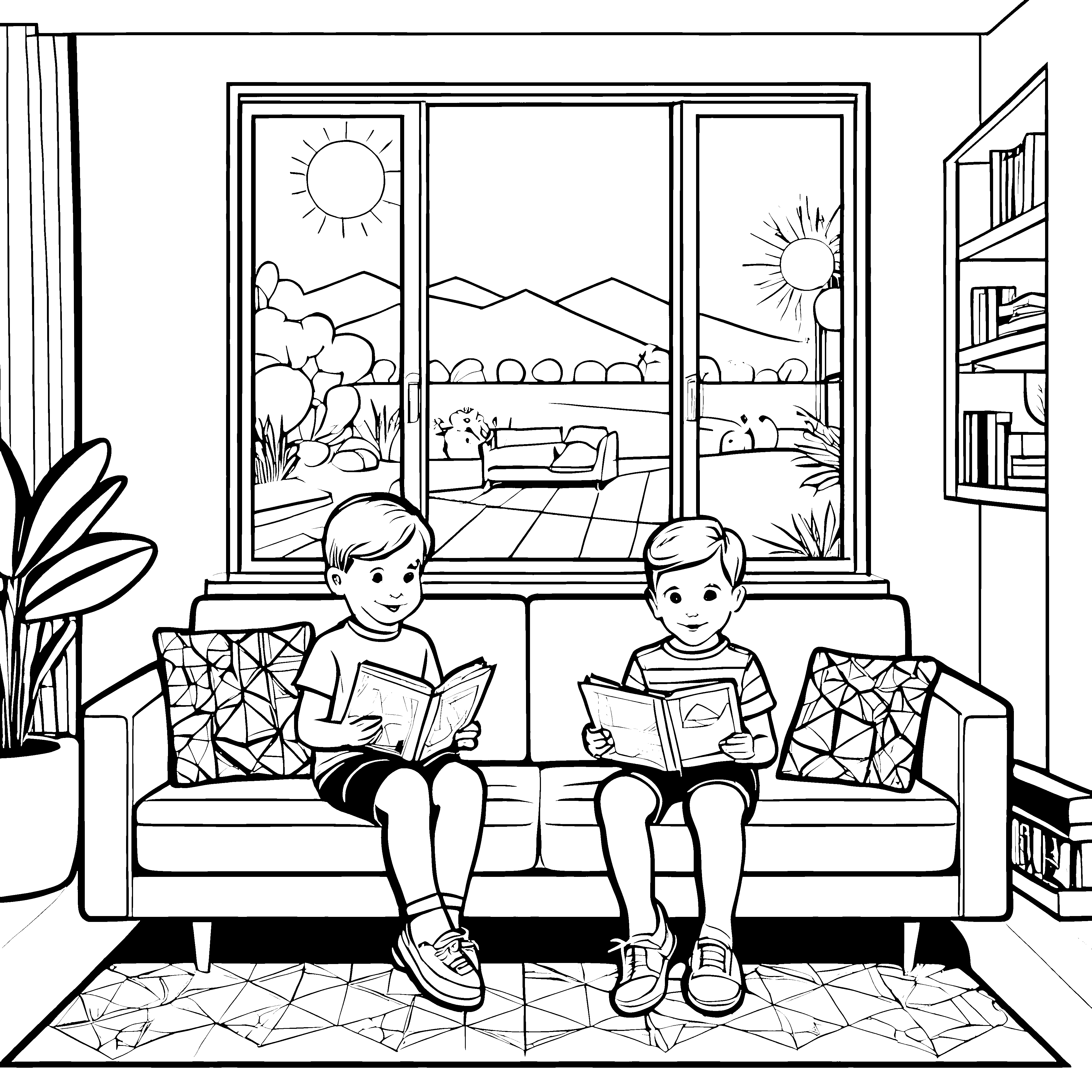 Retro-Sofa mit zwei Lesekünstlern in sonniger Atmosphäre Ausmalbild für kreative Entdecker