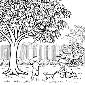 Fröhliche Kinder beim Mangosammeln Ausmalbild für kleine Entdecker