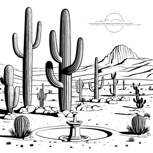 Beeindruckende Kakteenlandschaft mit wasserreicher Quelle Malvorlage für neugierige Naturentdecker